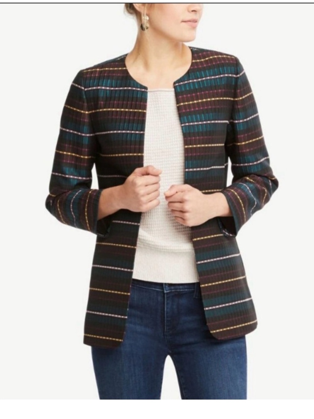 Ann Taylor Factory Textured Stripe Jacket S Preppy Tuckernuck Cropped Blazer NWT